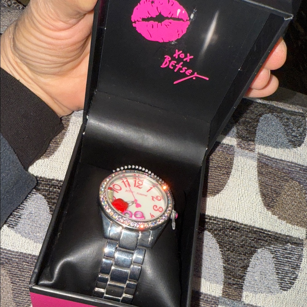 Betsey Johnson Silver Watch with Pink Accents